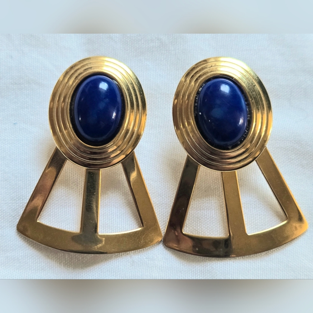 Vintage 80s Geometric Gold-Tone Post Earrings w/ Blue Cabachons